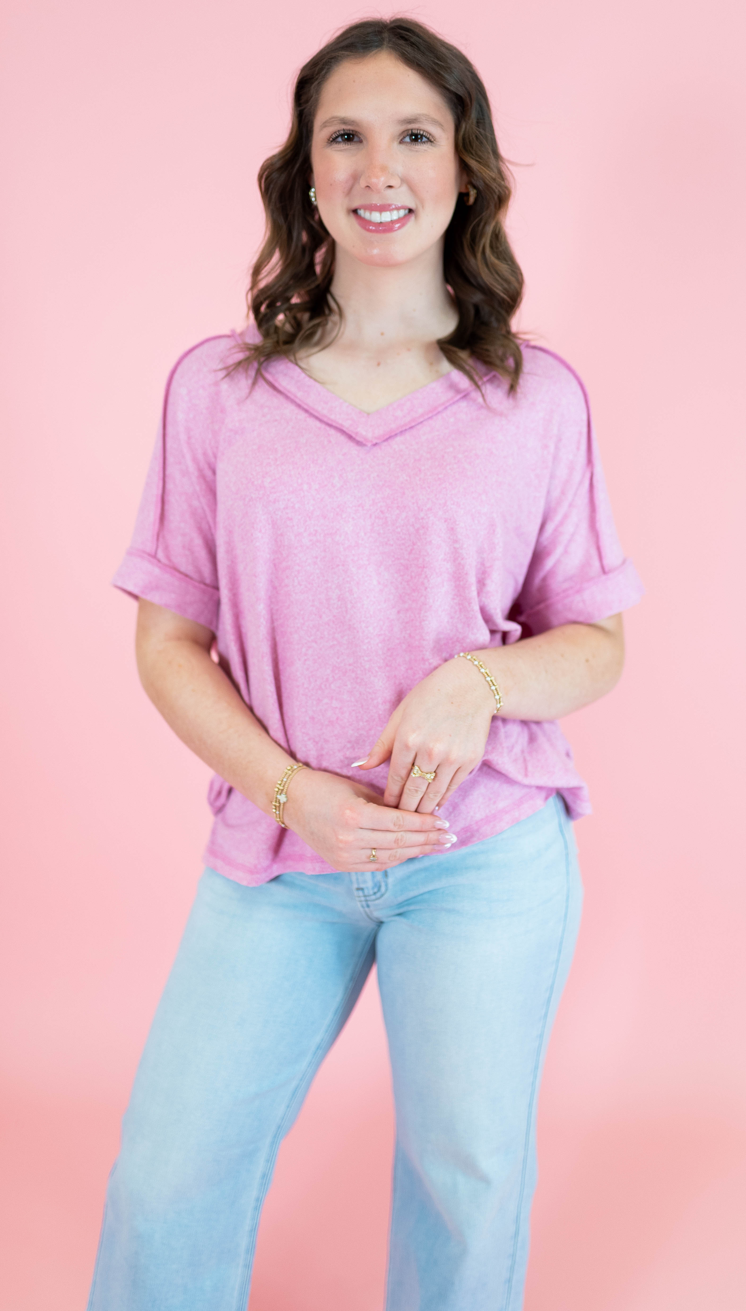 Soft Melange Hacci V-neck Short Sleeve Hi-Low Tee - Obsession Boutique
