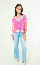 Solid Cable V-Neck Knit Sweater Vest - Pink - Obsession Boutique
