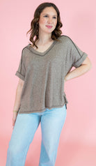 Soft Melange Hacci V-neck Short Sleeve Hi-Low Tee - Obsession Boutique