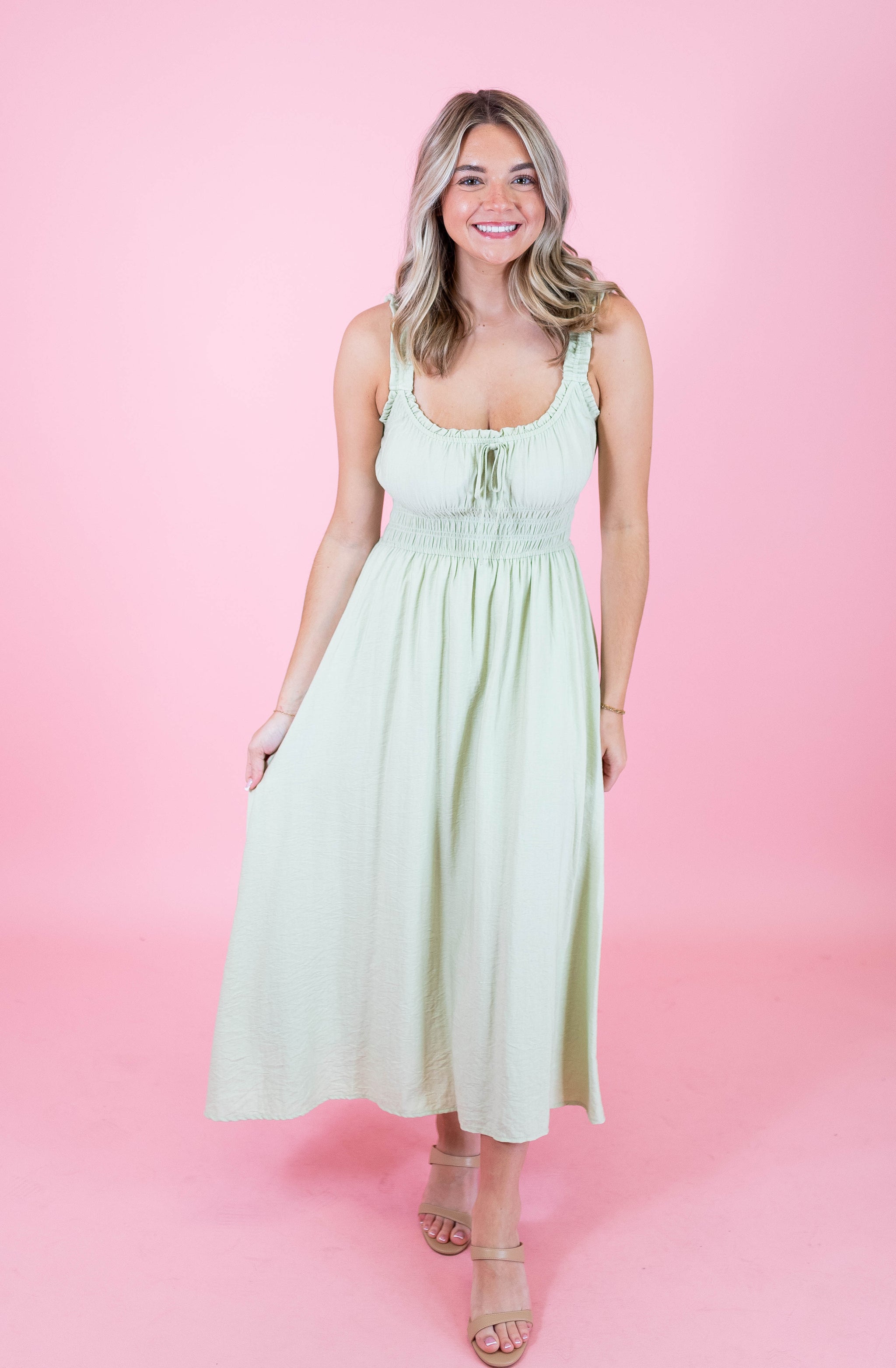Spaghetti Strap Front Tie Shirred Waist Midi Dress - Sage Obsession Boutique Spaghetti Strap Front Tie Shirred Waist Midi Dress - Sage Obsession Boutique