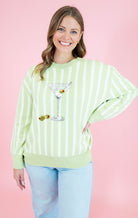 Queen Of Sparkles: Olive Green & White Stripe Martini Sweater - Obsession Boutique
