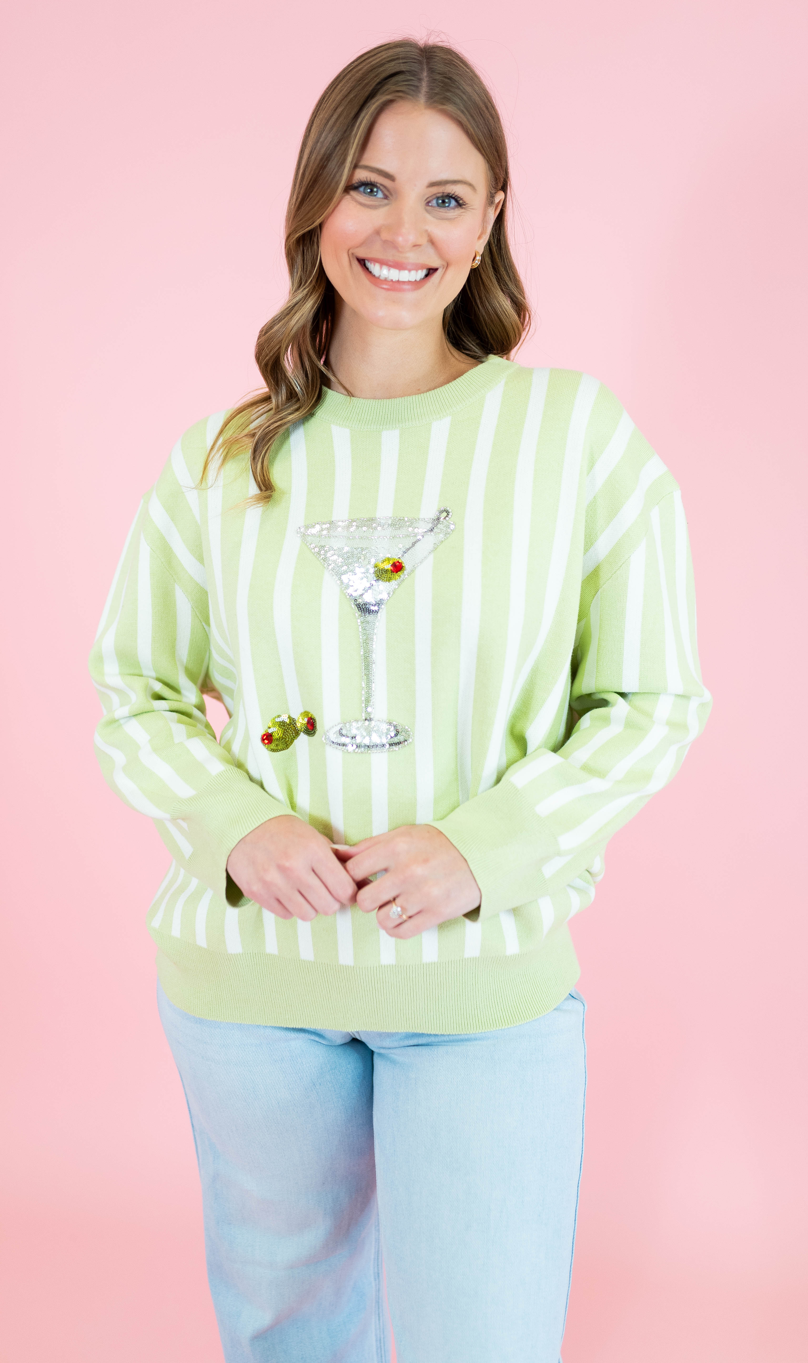 Queen Of Sparkles: Olive Green & White Stripe Martini Sweater - Obsession Boutique