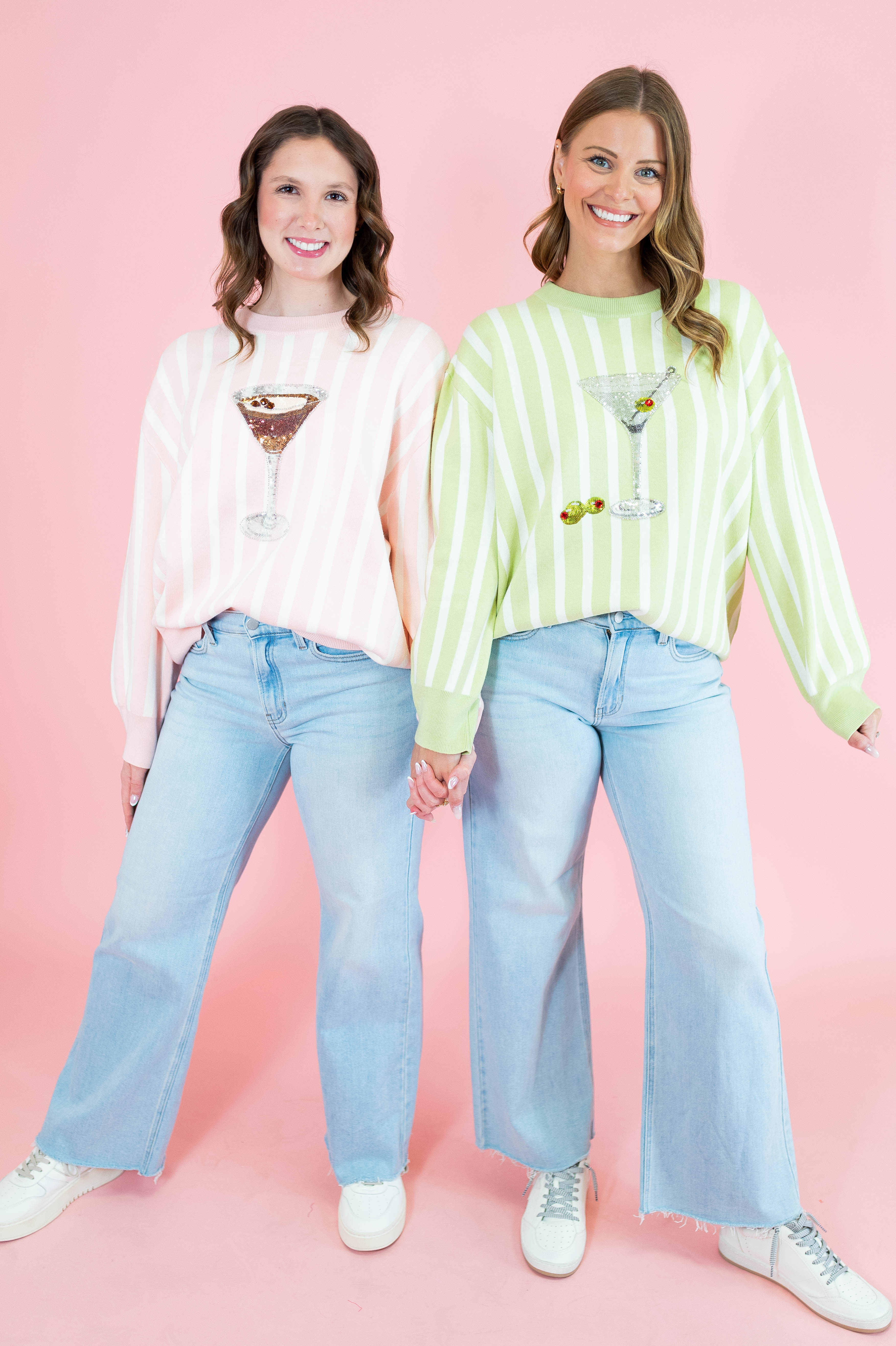 Queen Of Sparkles: Olive Green & White Stripe Martini Sweater - Obsession Boutique