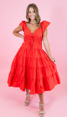 Fit and Flare Ruffled Shoulder Midi Dress - Obsession Boutique