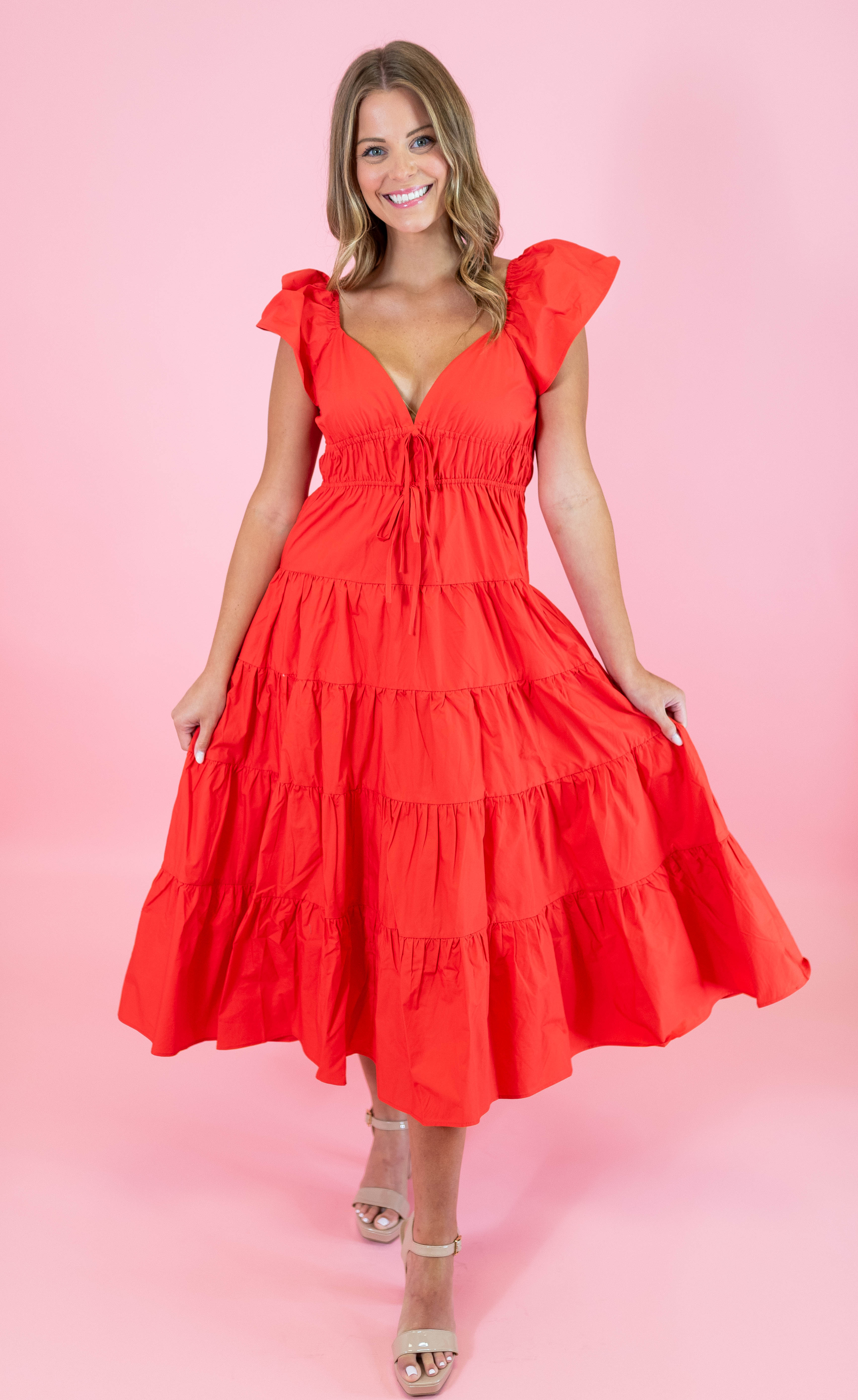 Fit and Flare Ruffled Shoulder Midi Dress - Obsession Boutique