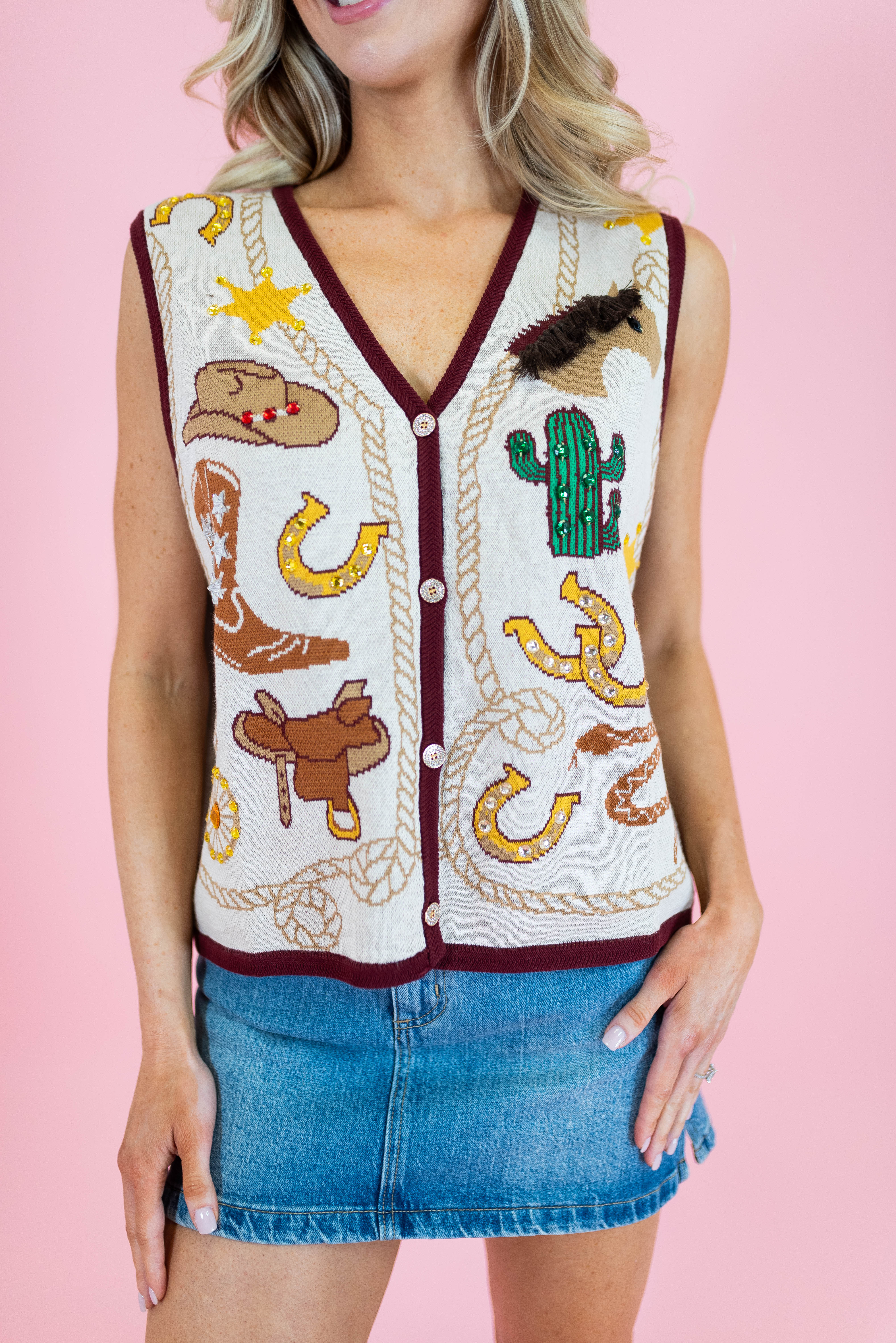 Queen Of Sparkles: Western Icon Knit Sweater Vest - Obsession Boutique