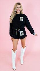 Queen Of Sparkles: Queen Card Rhinestone Tie Sweatshirt - Obsession Boutique