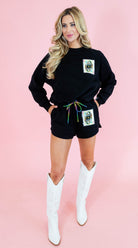 Queen Of Sparkles: Queen Card Rhinestone Tie Sweatshirt - Obsession Boutique
