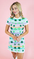 Queen Of Sparkles: Rainbow Checkered Shamrock Knit Dress - Obsession Boutique