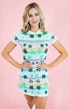 Queen Of Sparkles: Rainbow Checkered Shamrock Knit Dress - Obsession Boutique