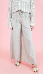Linen Pleated Baggy Elastic Waist Pants - Sand - Obsession Boutique