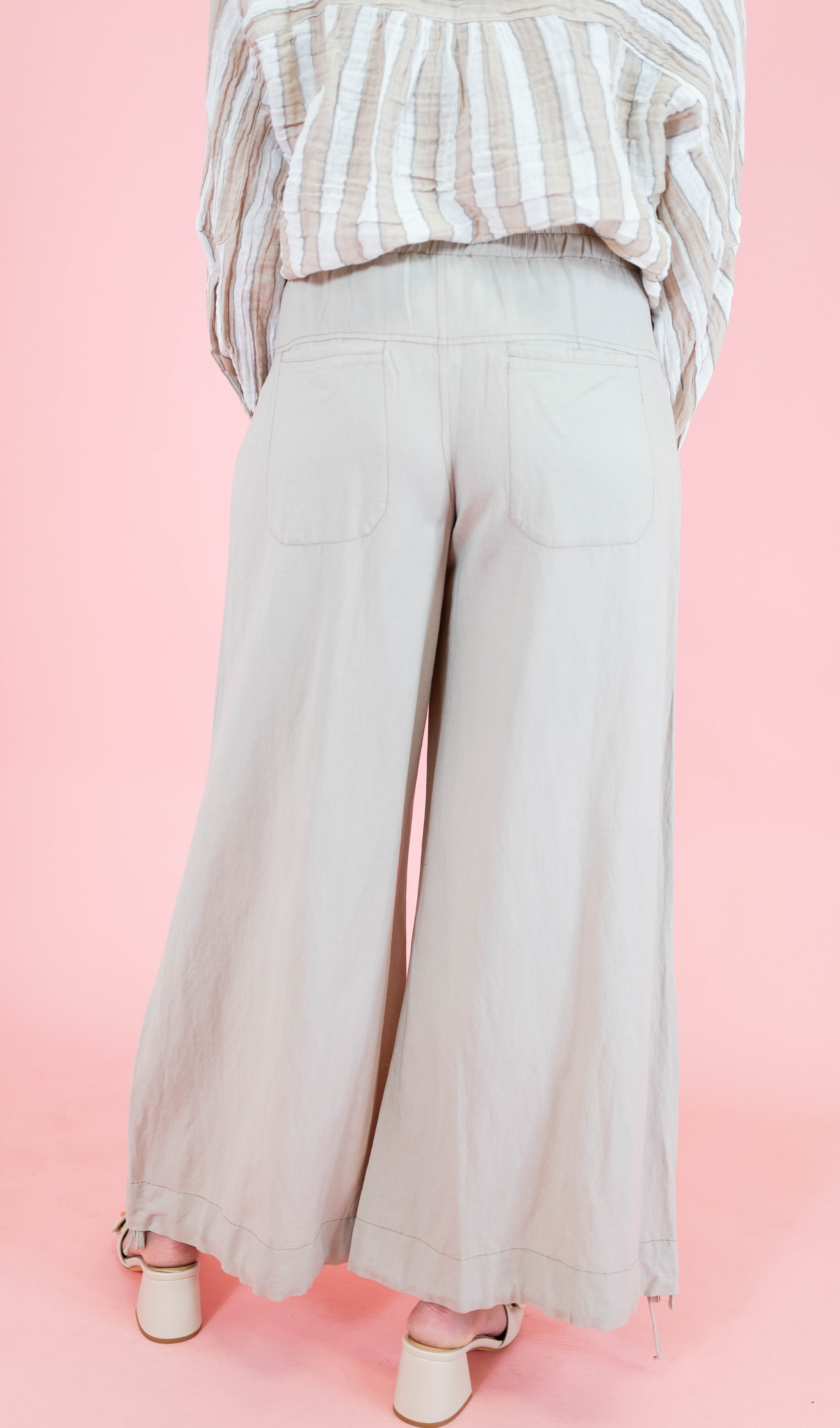 Linen Pleated Baggy Elastic Waist Pants - Sand - Obsession Boutique