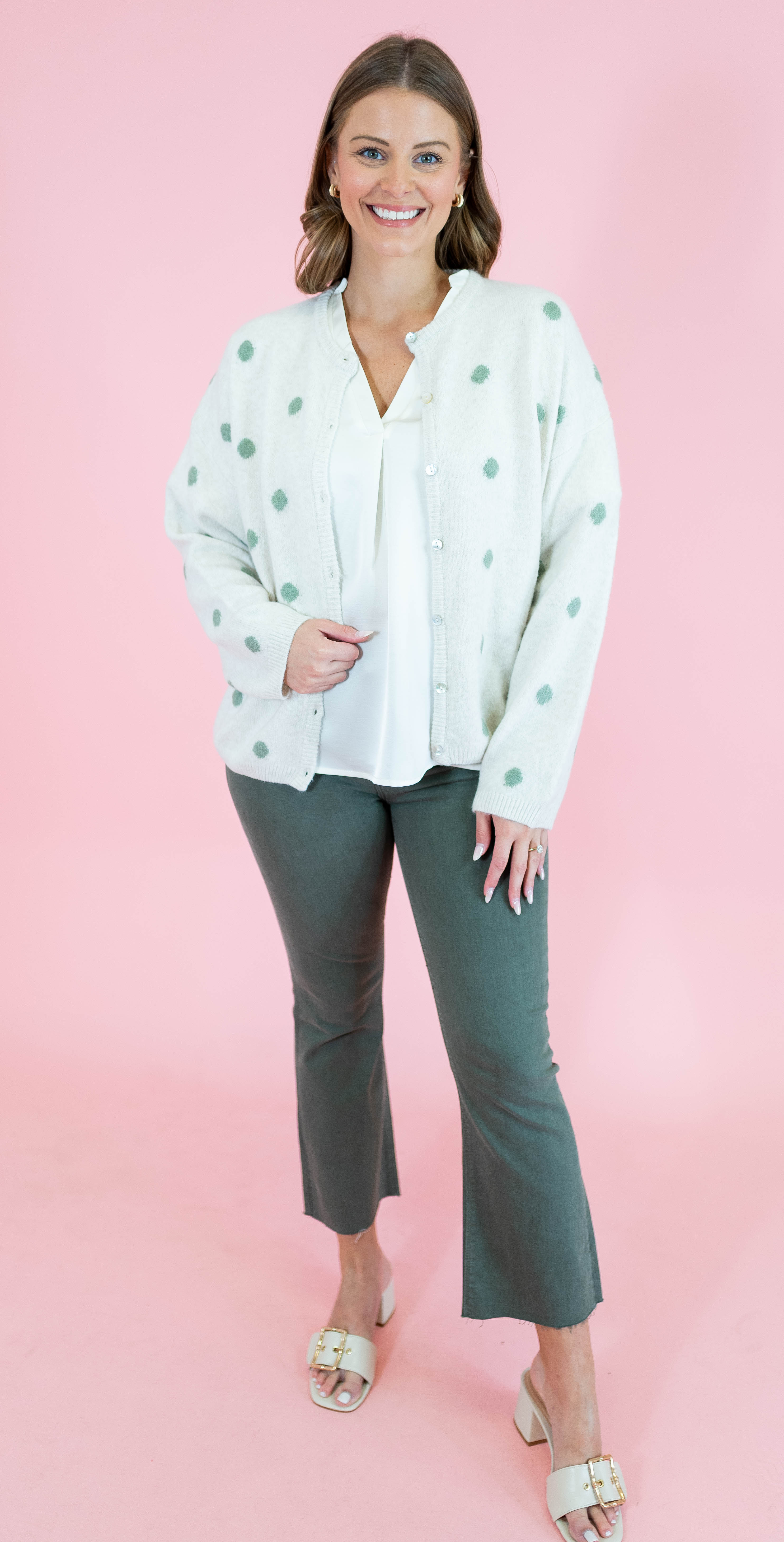 Crew Neck Polka Dot Sweater Cardigan - Ivory/Sage - Obsession Boutique