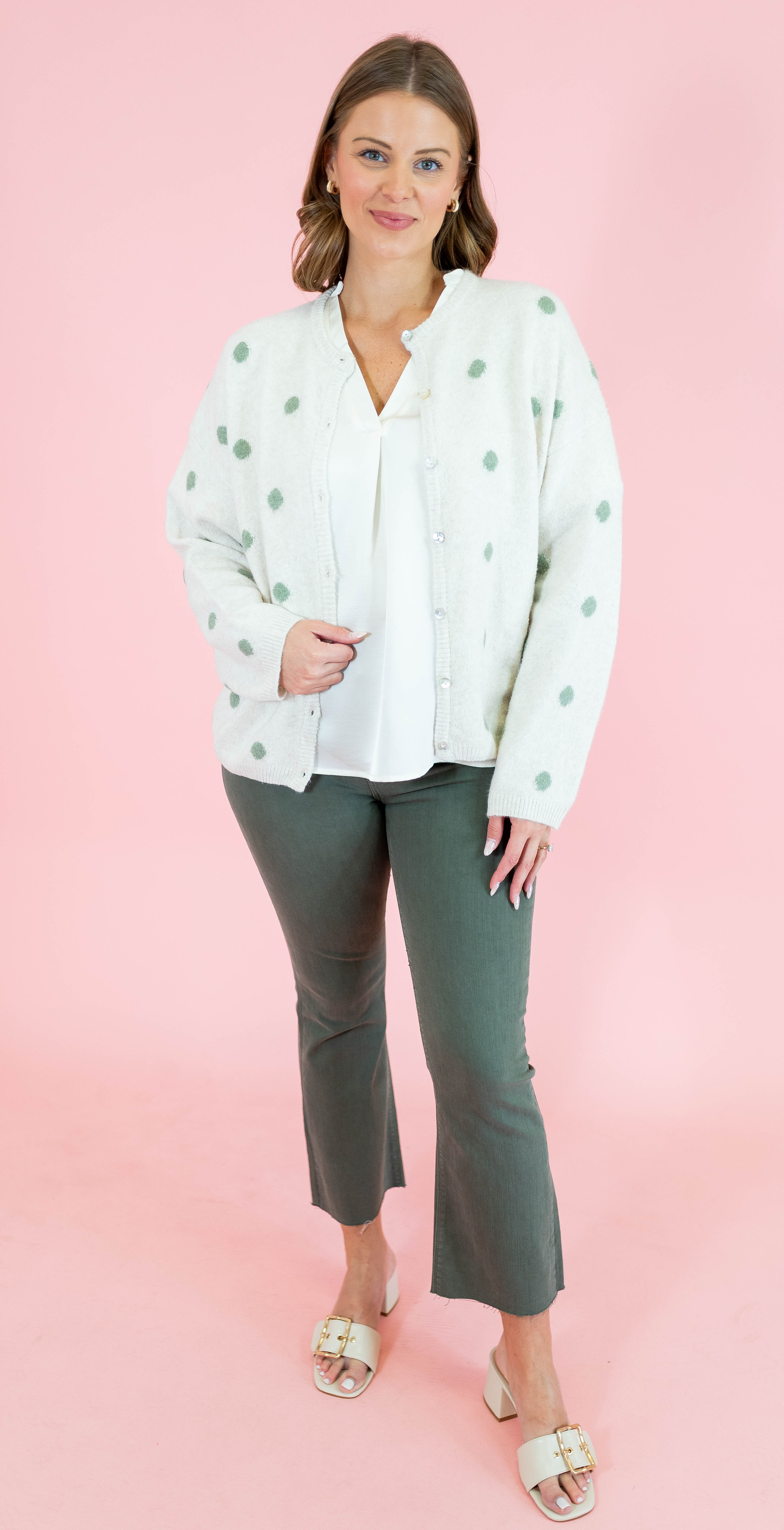 Crew Neck Polka Dot Sweater Cardigan - Ivory/Sage - Obsession Boutique