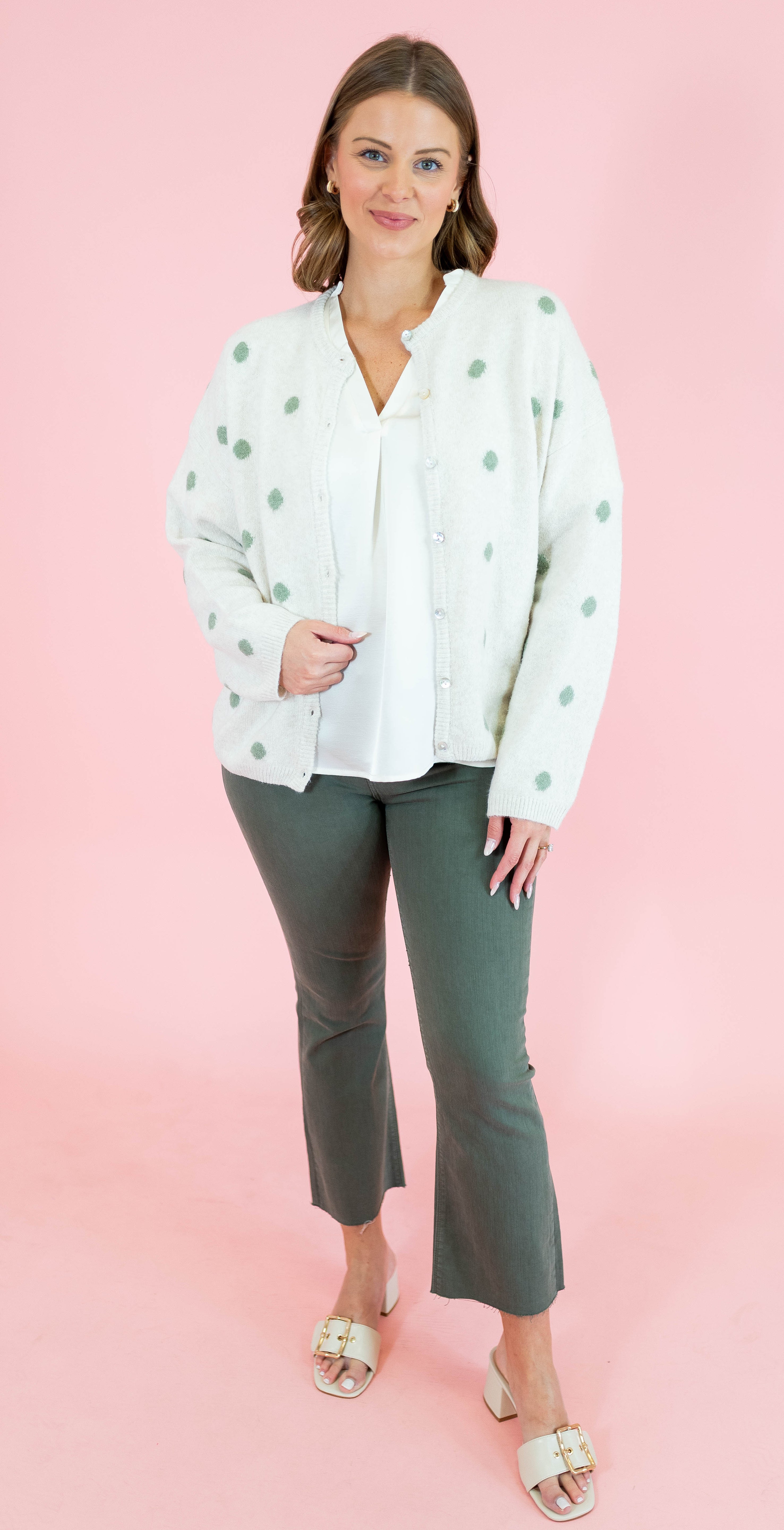 Crew Neck Polka Dot Sweater Cardigan - Ivory/Sage - Obsession Boutique