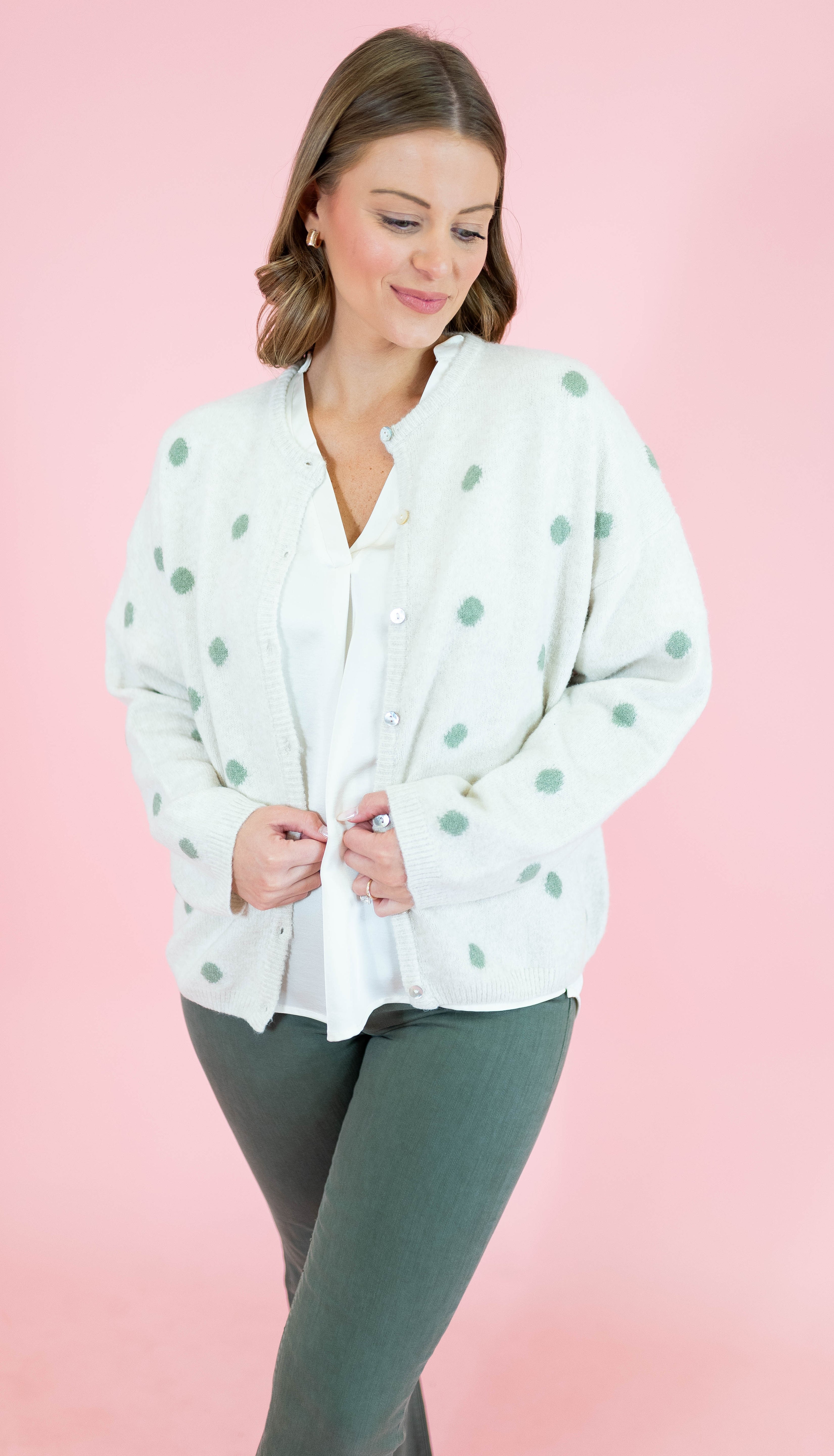 Crew Neck Polka Dot Sweater Cardigan - Ivory/Sage - Obsession Boutique