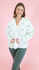 Crew Neck Polka Dot Sweater Cardigan - Ivory/Sage - Obsession Boutique