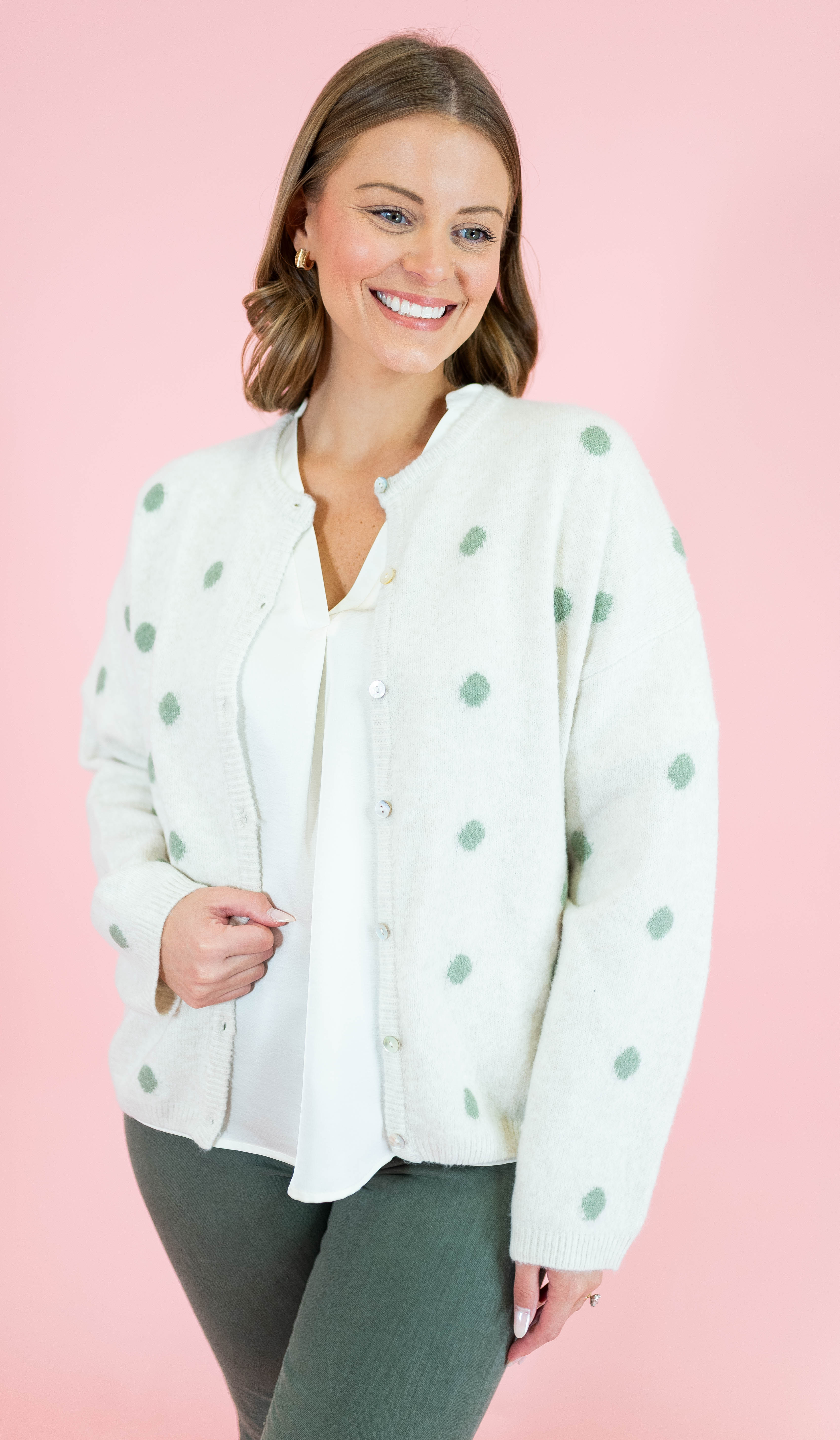Crew Neck Polka Dot Sweater Cardigan - Ivory/Sage - Obsession Boutique