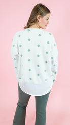 Crew Neck Polka Dot Sweater Cardigan - Ivory/Sage - Obsession Boutique