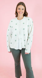 Crew Neck Polka Dot Sweater Cardigan - Ivory/Sage - Obsession Boutique