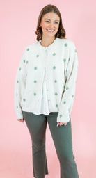 Crew Neck Polka Dot Sweater Cardigan - Ivory/Sage - Obsession Boutique
