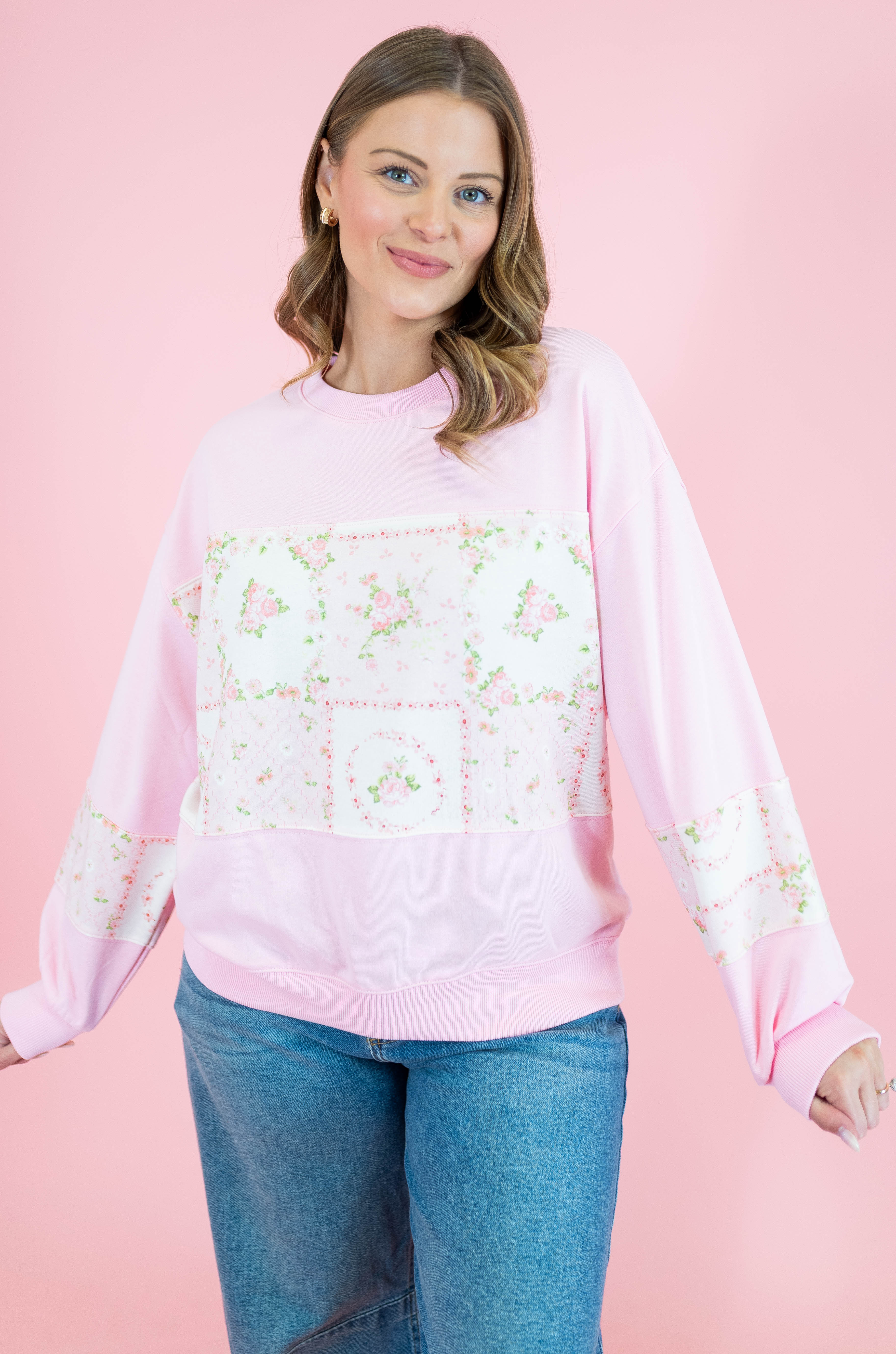 Floral Patch Work Terry Pullover - Obsession Boutique