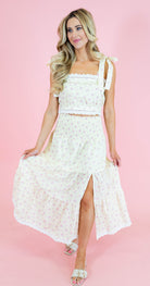 Eyelet Lace Ditsy Flower Print Tiered Maxi Skirt - Light Yellow - Obsession Boutique