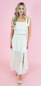 Eyelet Lace Ditsy Flower Print Tiered Maxi Skirt - Light Yellow - Obsession Boutique