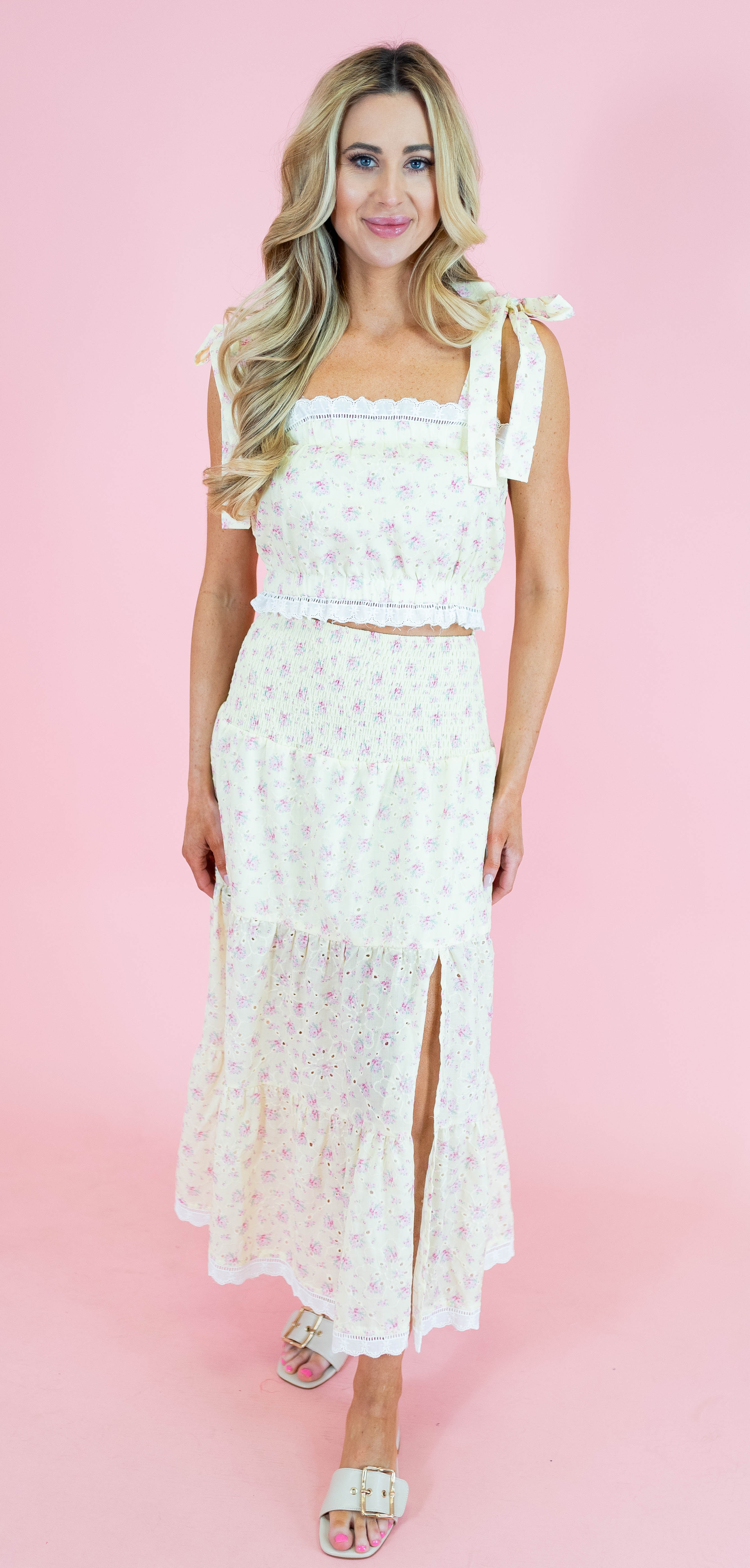 Eyelet Lace Ditsy Flower Print Crop Top - Light Yellow - Obsession Boutique