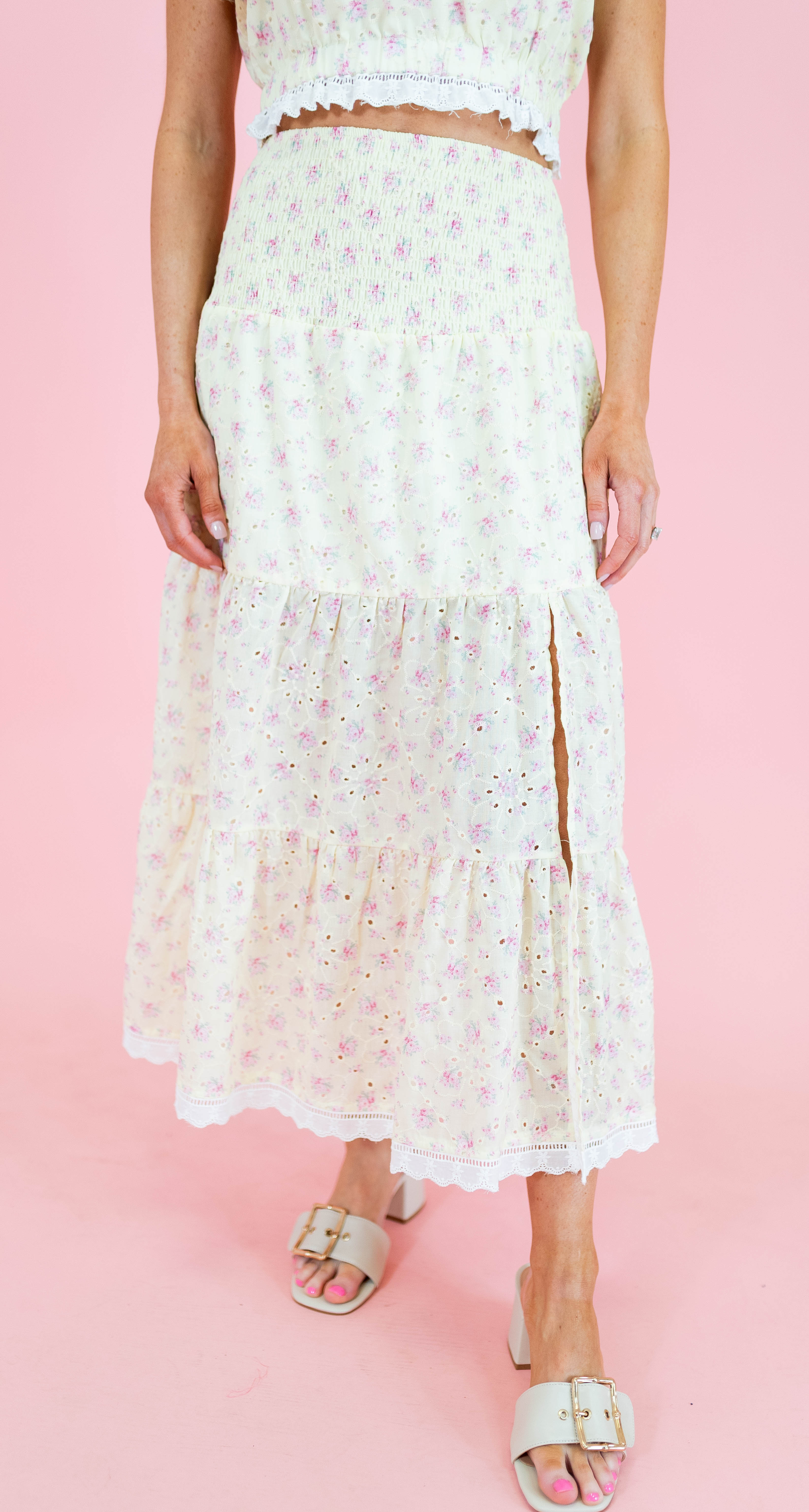 Eyelet Lace Ditsy Flower Print Tiered Maxi Skirt - Light Yellow - Obsession Boutique