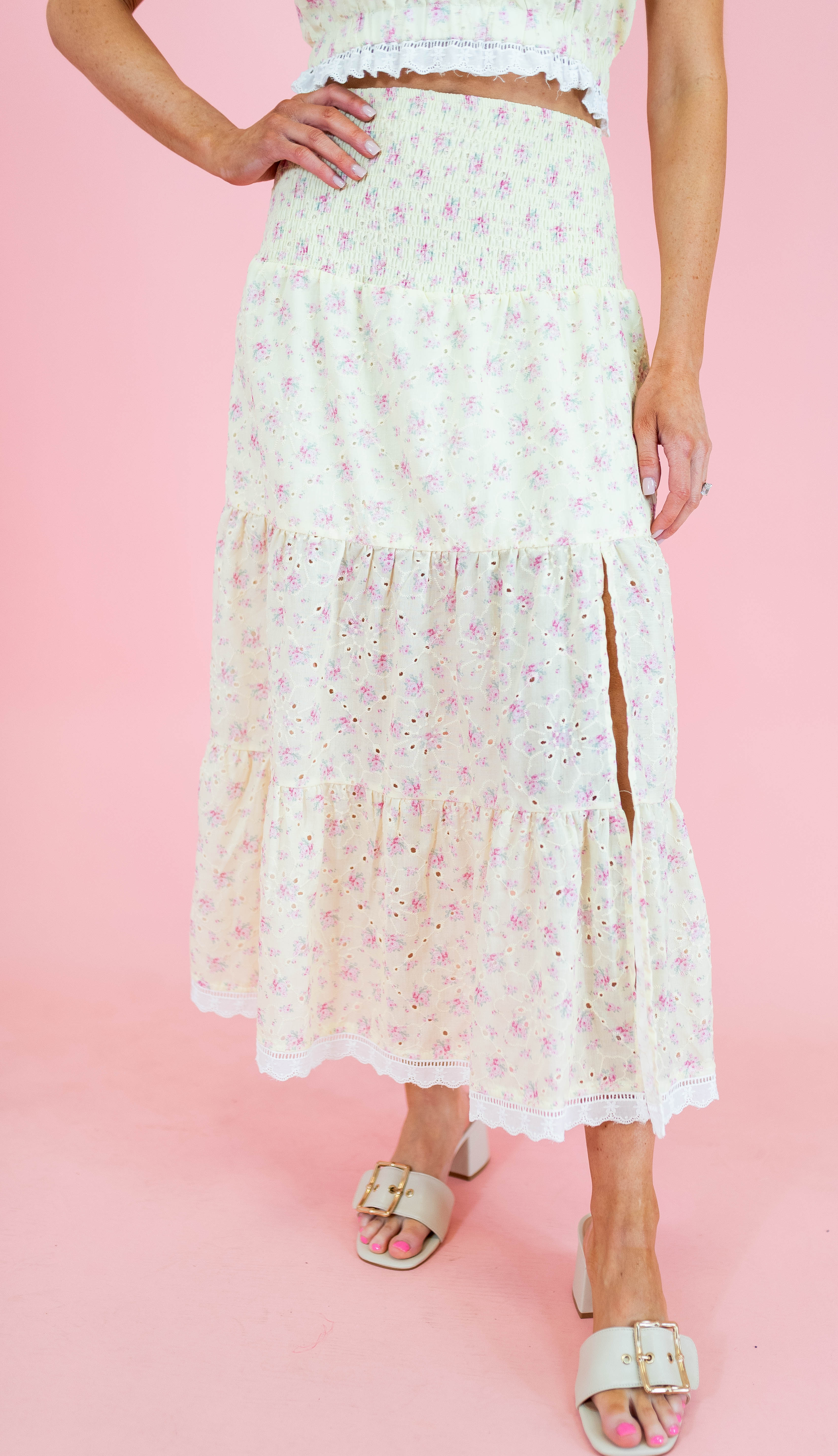 Eyelet Lace Ditsy Flower Print Tiered Maxi Skirt - Light Yellow - Obsession Boutique
