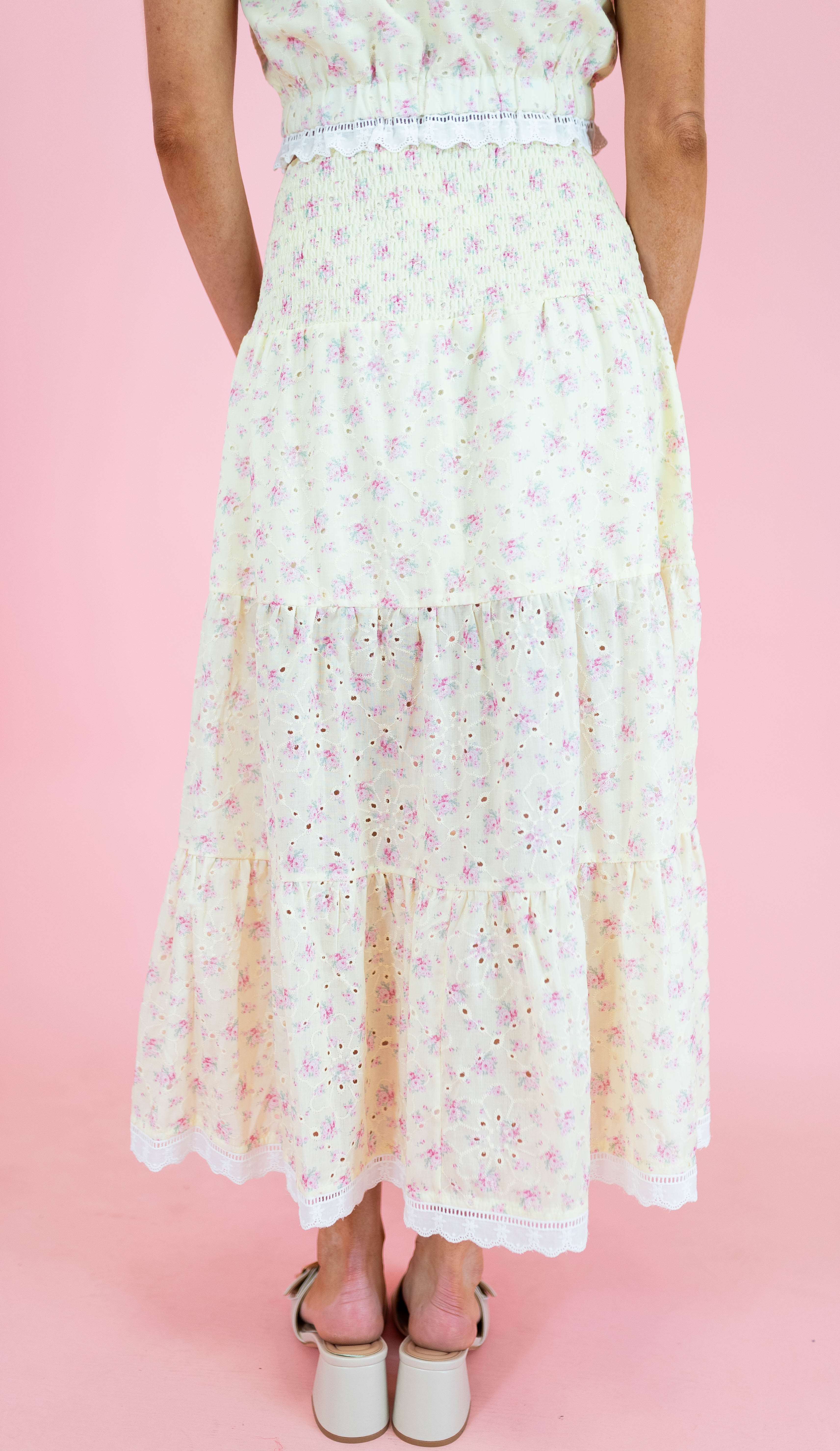 Eyelet Lace Ditsy Flower Print Tiered Maxi Skirt - Light Yellow - Obsession Boutique
