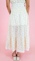 Eyelet Lace Ditsy Flower Print Tiered Maxi Skirt - Light Yellow - Obsession Boutique