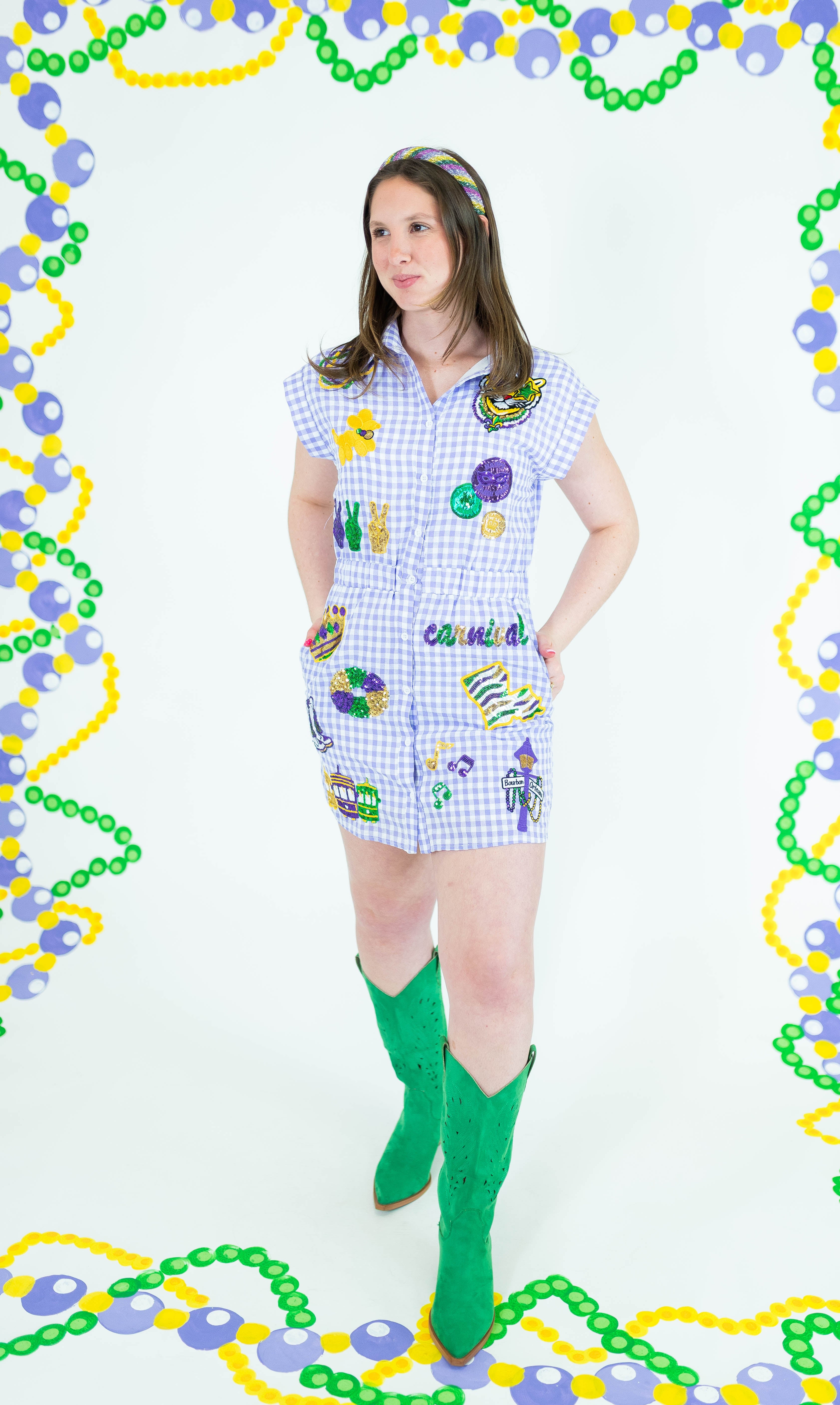 Mardi Gras Gingham Sequin Patch Dress - Obsession Boutique