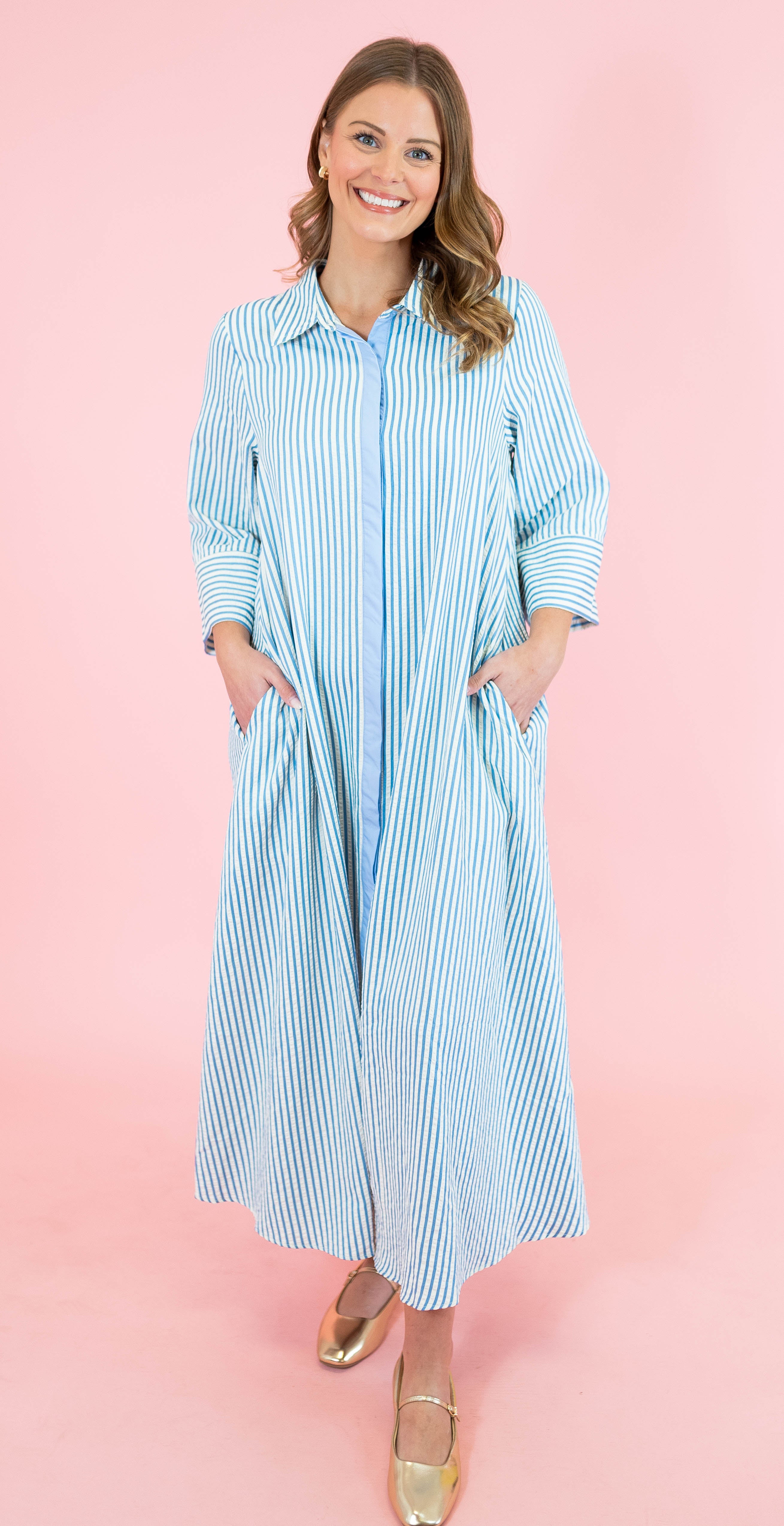 Textured Striped 3/4 Sleeve Midi Dress - Obsession Boutique