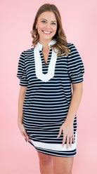 Contrast Stripe Short Puff Sleeve Dress - Obsession Boutique