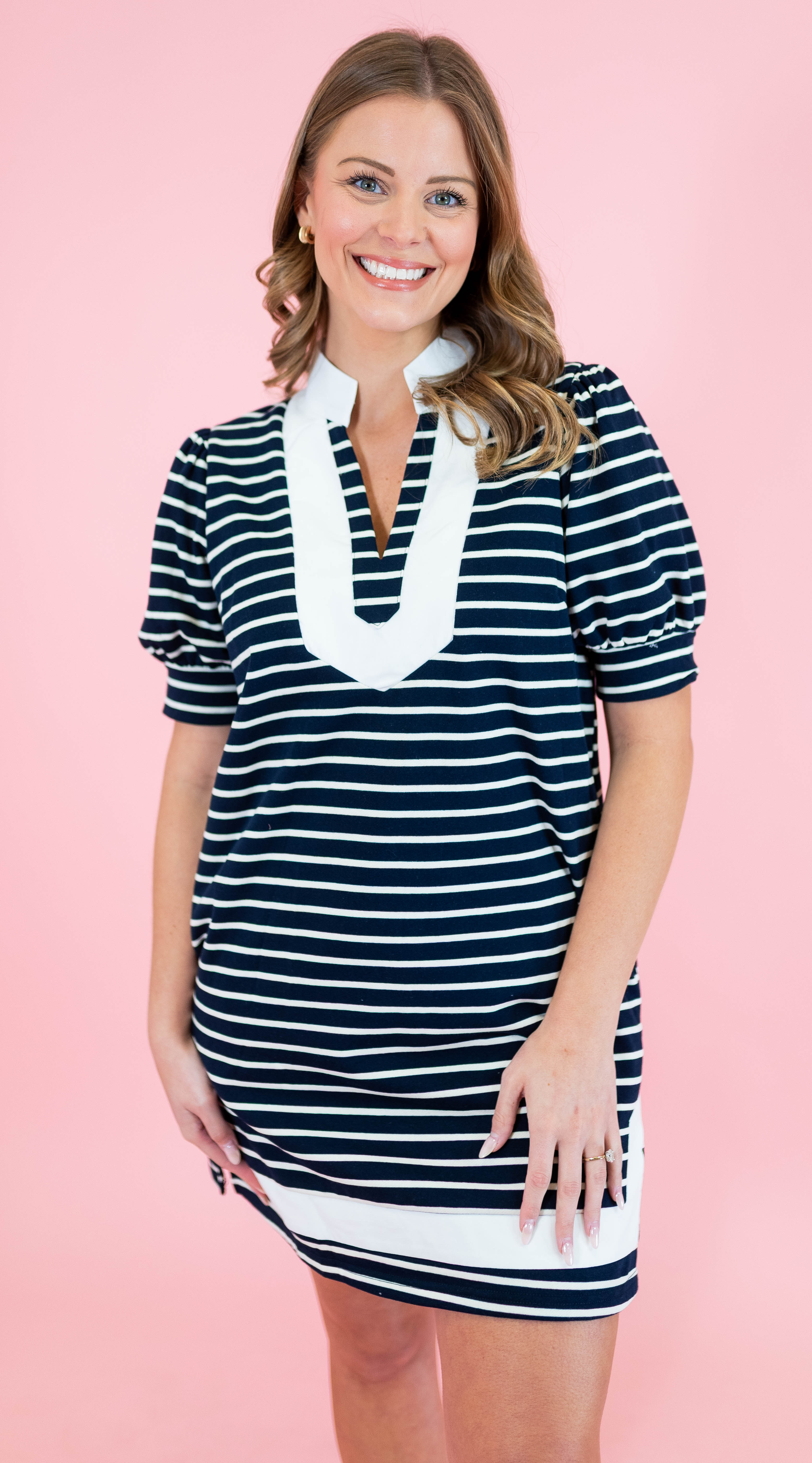Contrast Stripe Short Puff Sleeve Dress - Obsession Boutique
