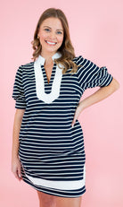Contrast Stripe Short Puff Sleeve Dress - Obsession Boutique