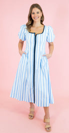 Striped Contrast Piping Detail Midi Dress - Blue - Obsession Boutique
