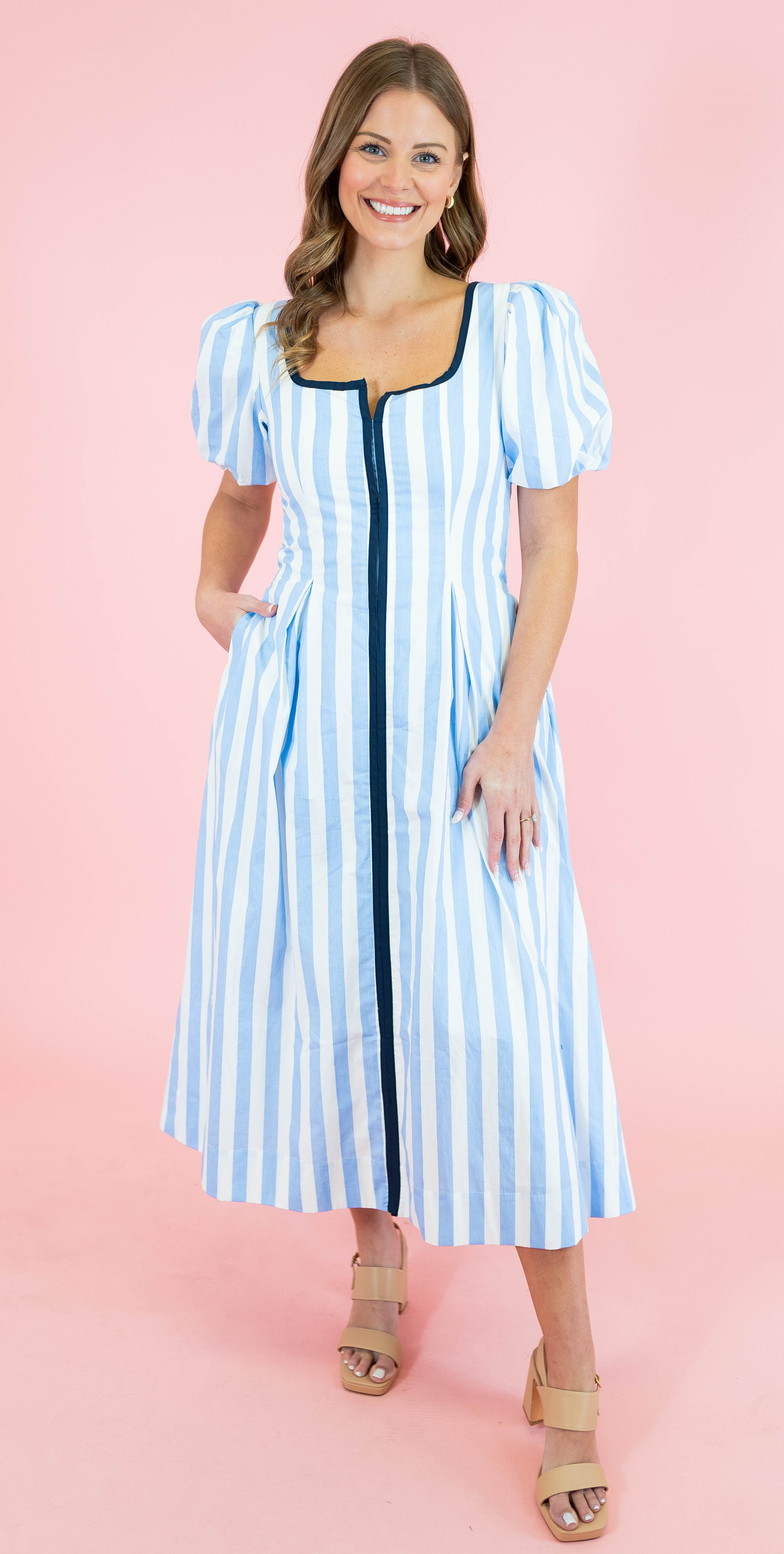 Striped Contrast Piping Detail Midi Dress - Blue - Obsession Boutique