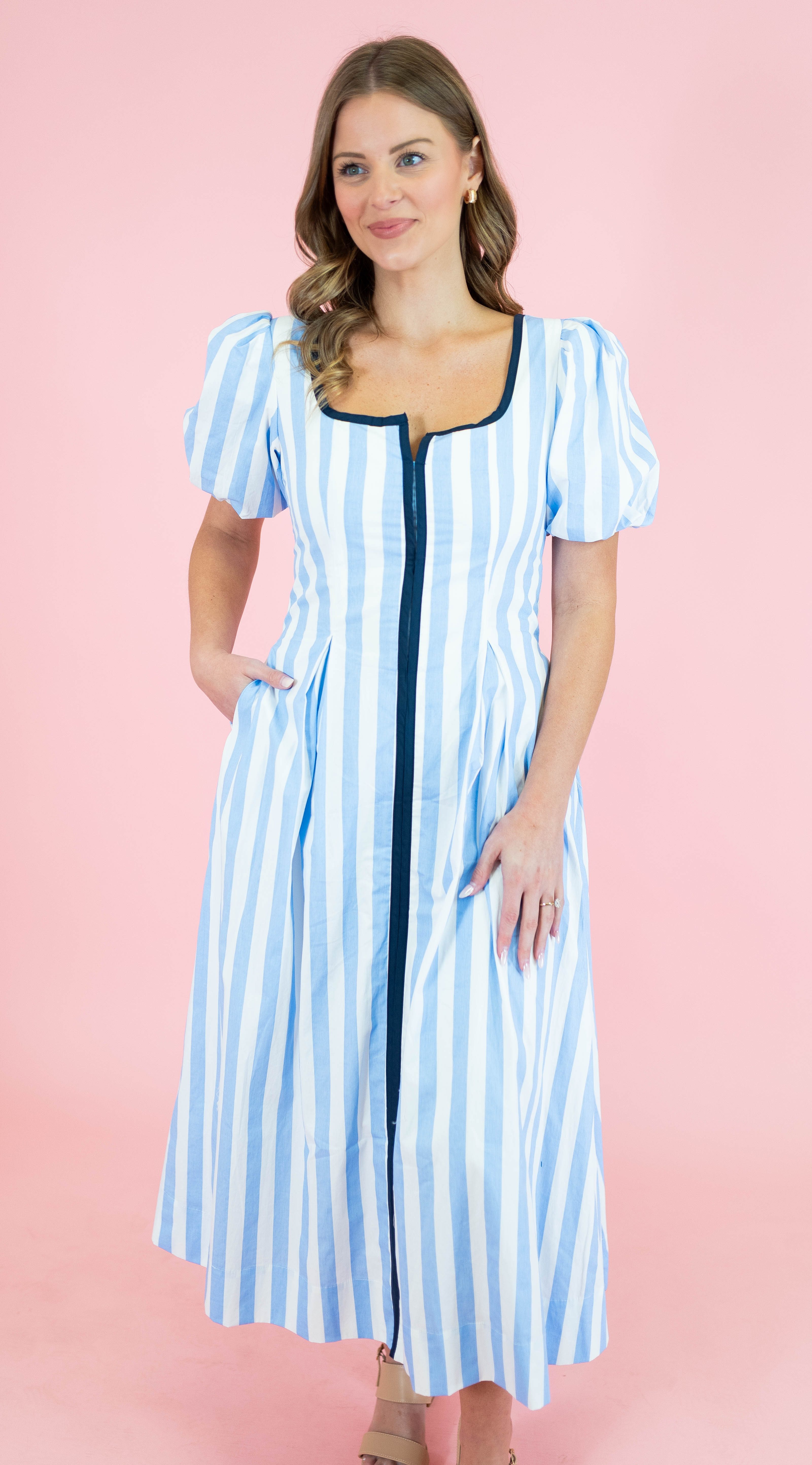Striped Contrast Piping Detail Midi Dress - Blue - Obsession Boutique
