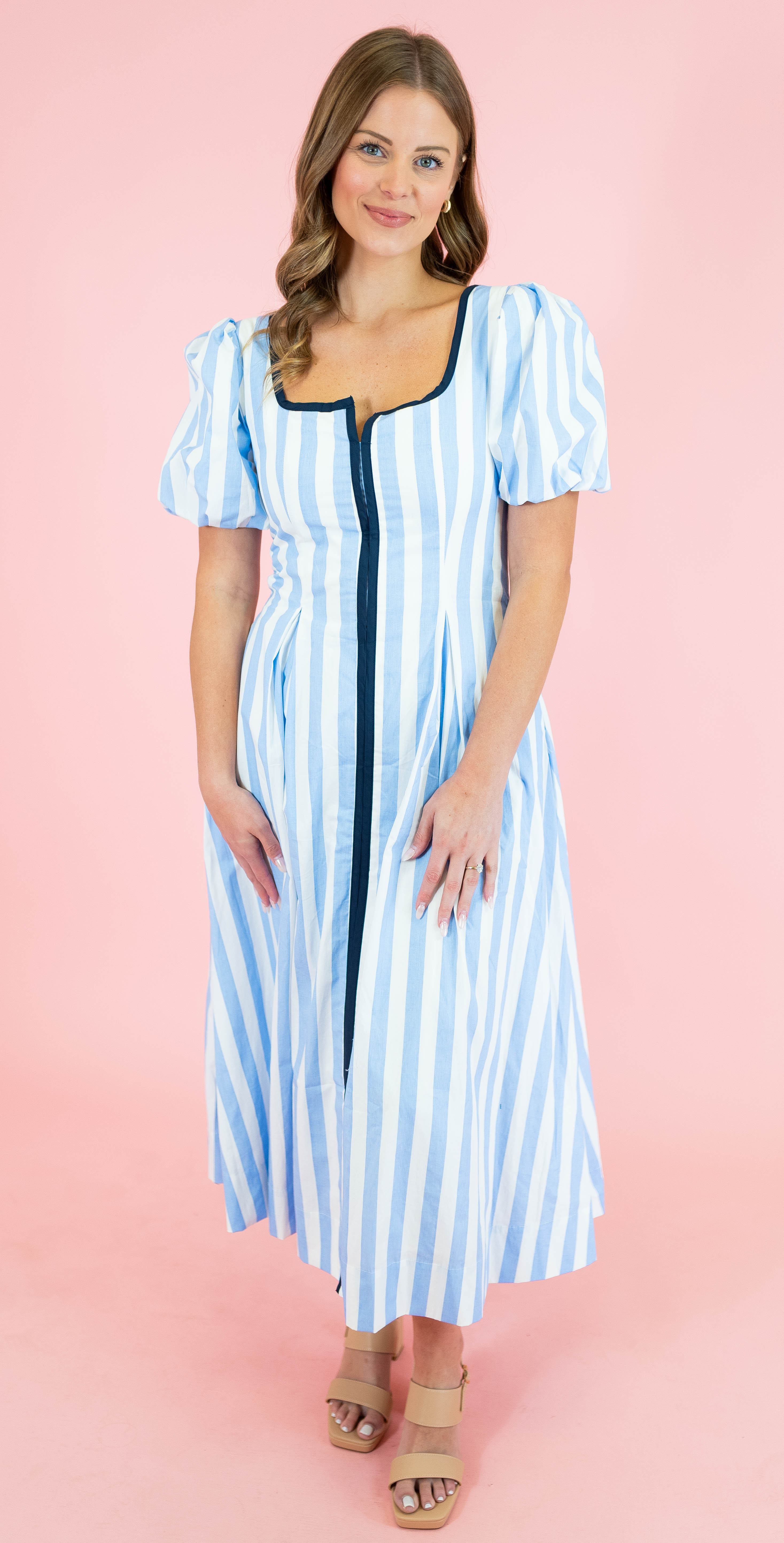 Striped Contrast Piping Detail Midi Dress - Blue - Obsession Boutique
