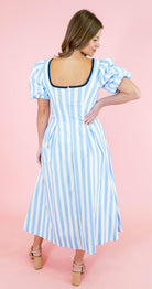 Striped Contrast Piping Detail Midi Dress - Blue - Obsession Boutique