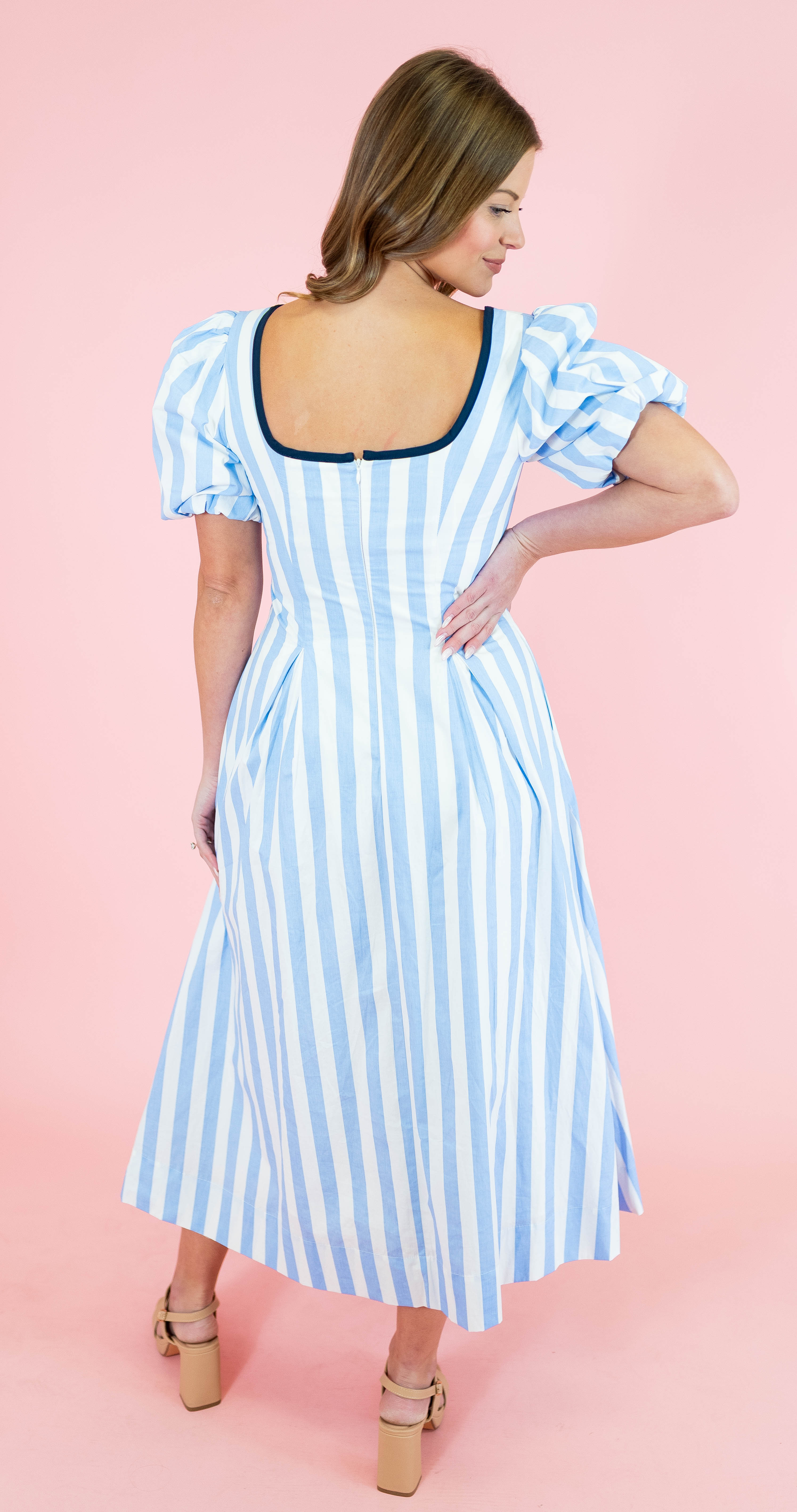 Striped Contrast Piping Detail Midi Dress - Blue - Obsession Boutique