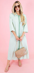 Textured Striped 3/4 Sleeve Midi Dress - Obsession Boutique
