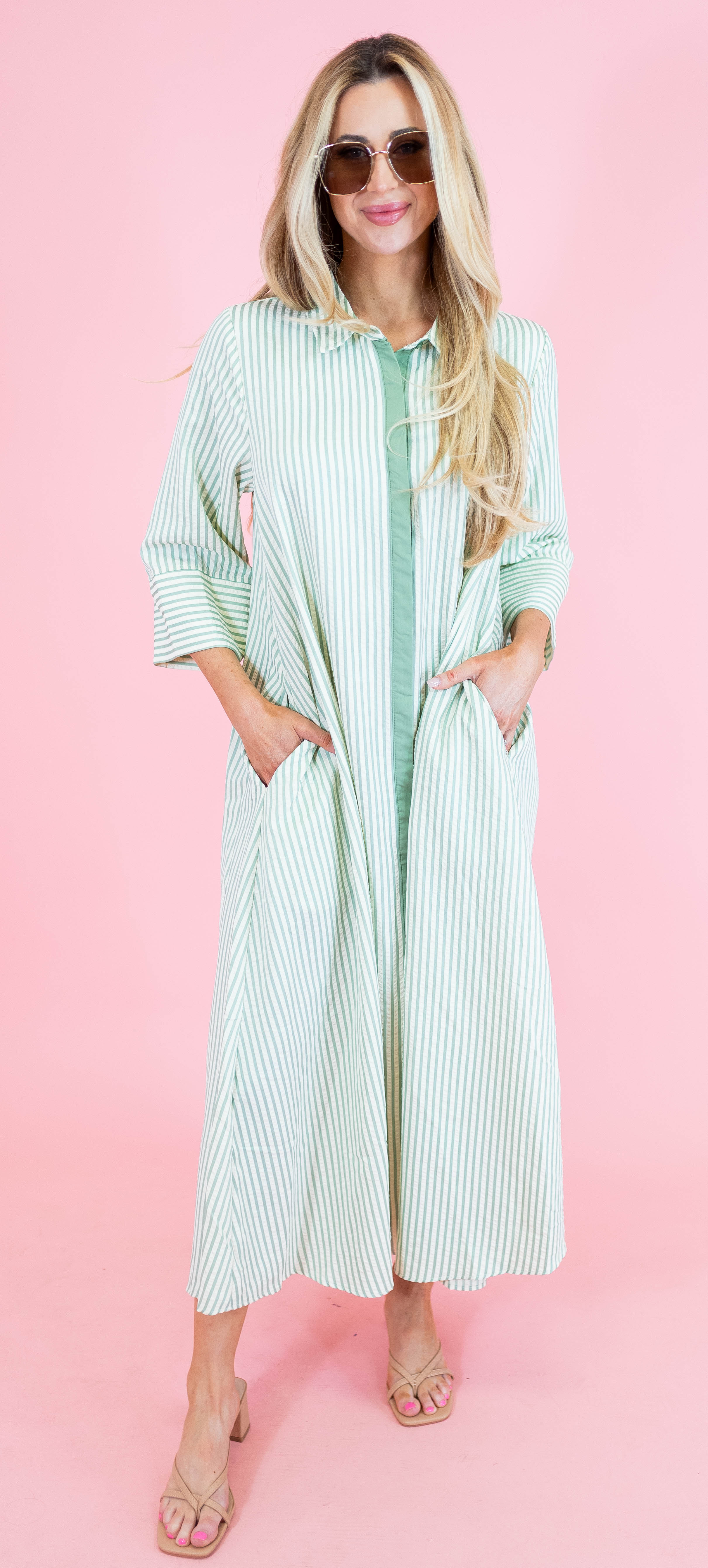 Textured Striped 3/4 Sleeve Midi Dress - Obsession Boutique