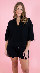Solid Half Sleeve Scallop Hem Top - Obsession Boutique