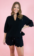Solid Half Sleeve Scallop Hem Top - Obsession Boutique