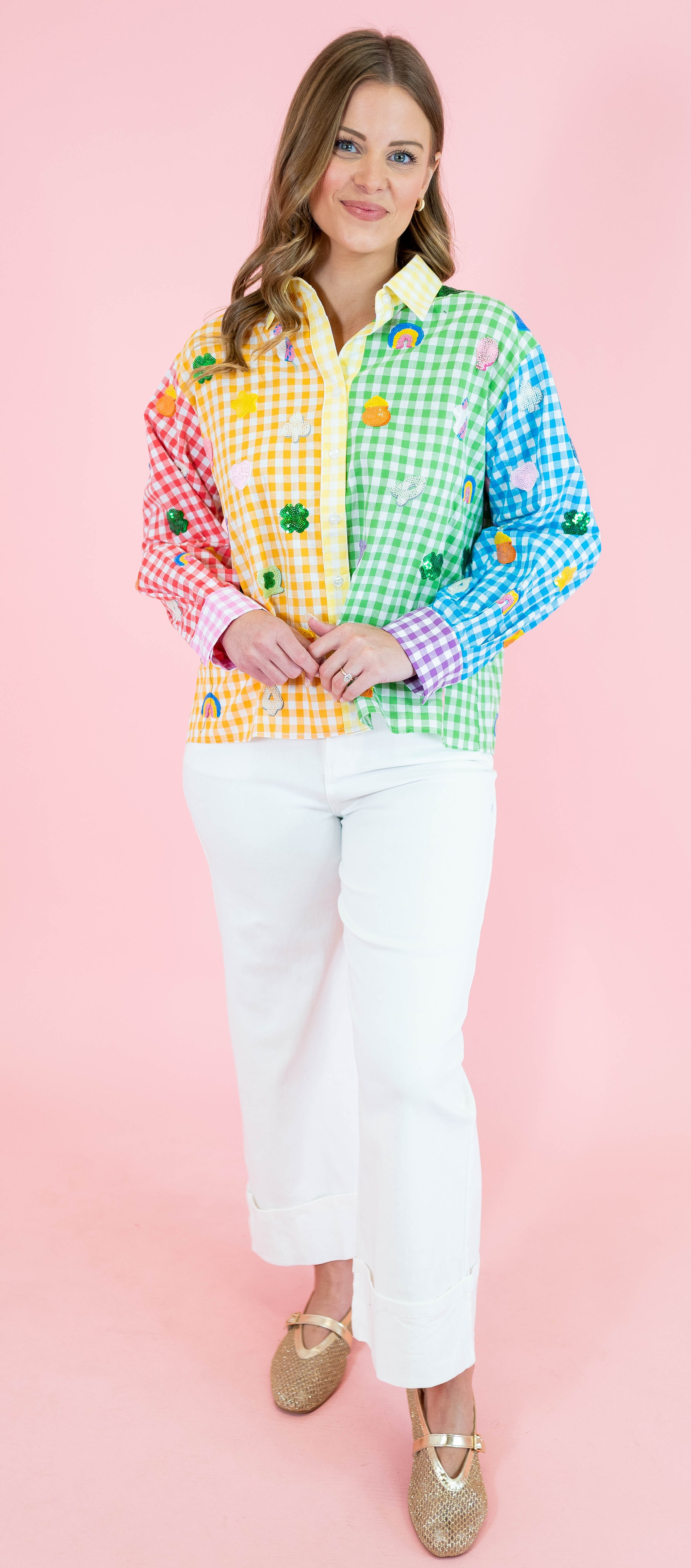 Queen Of Sparkles: Rainbow Gingham Lucky Charms Button Up Top - Obsession Boutique