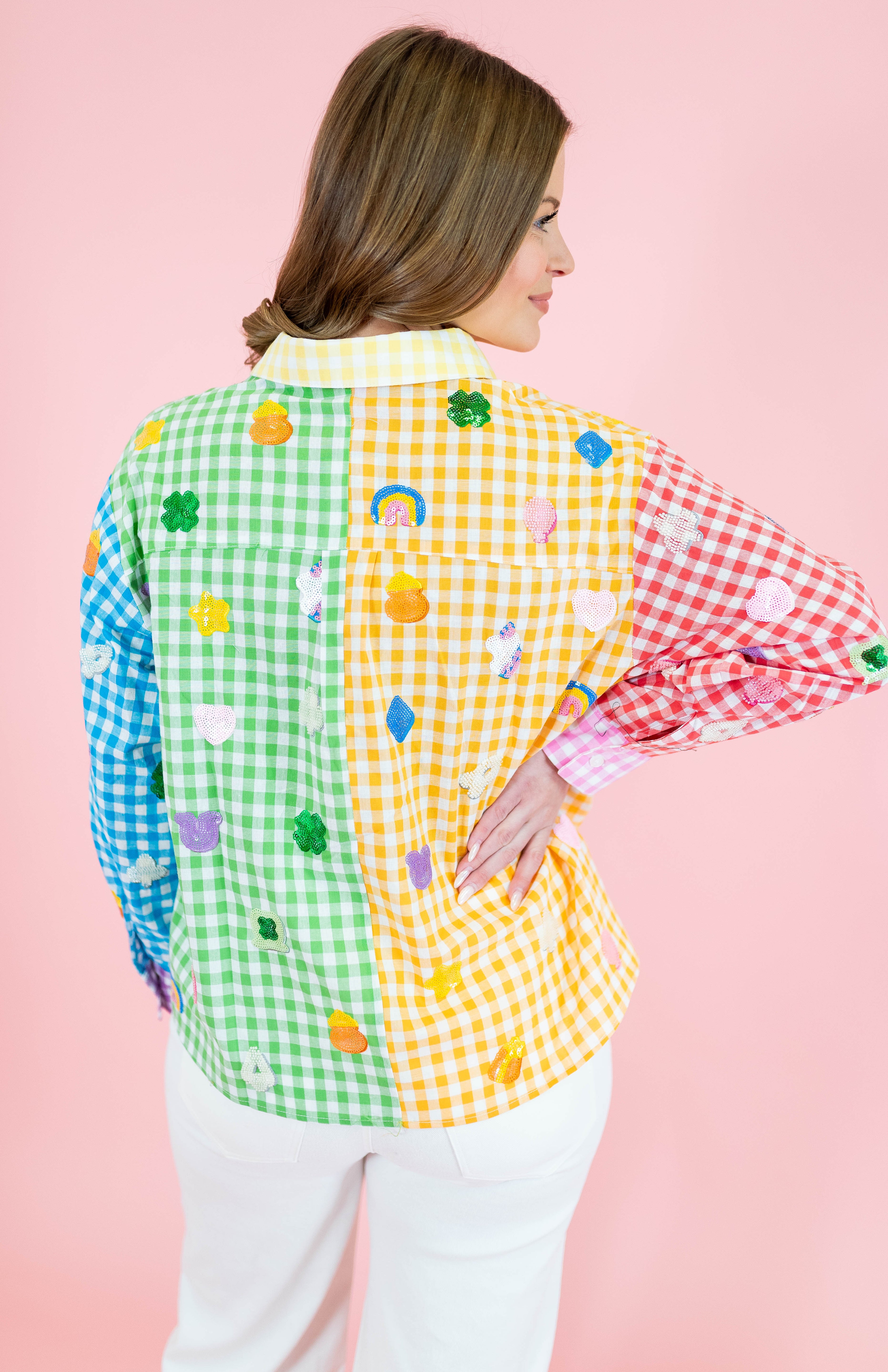 Queen Of Sparkles: Rainbow Gingham Lucky Charms Button Up Top - Obsession Boutique